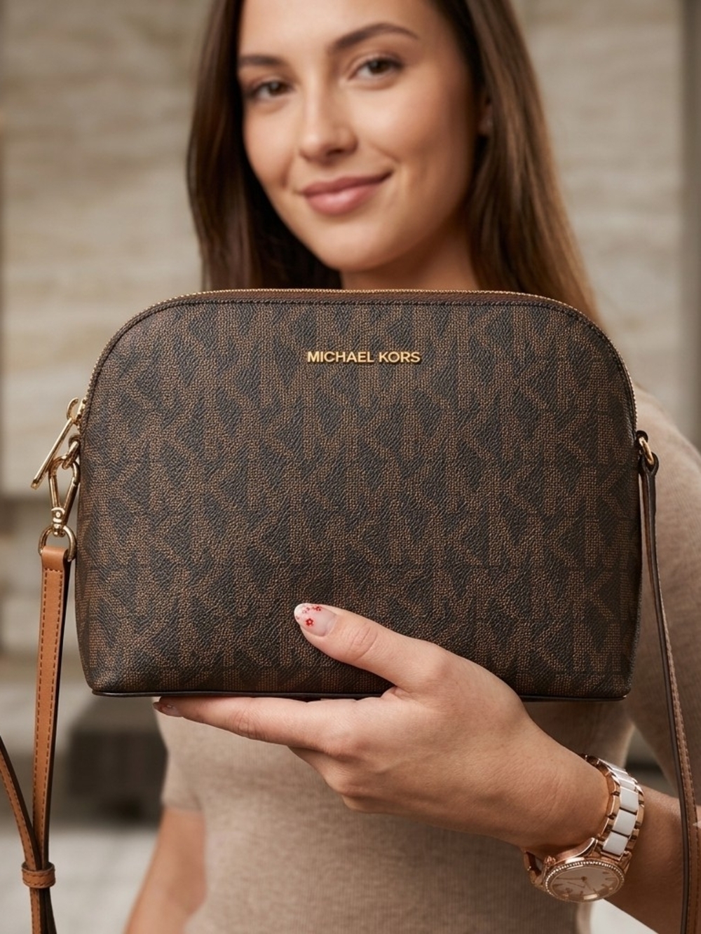 Michael Kors Brown Monogram Crossbody Bag with Gold Hardware